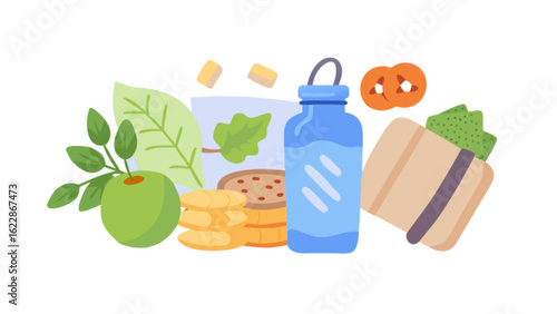 Healthy lunch box ideas for school and work with sandwiches fruit water and snacks vector illustration