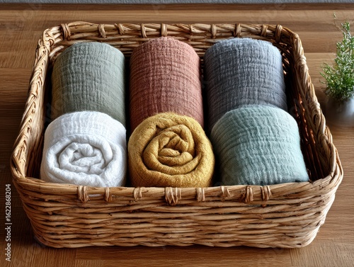 Rolled cloths in basket