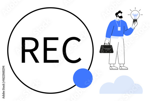 Person holding a briefcase and illuminated light bulb beside REC text in a circle hinting recording. Ideal for creativity, recording, innovation, productivity, business, technology, teamwork, simple