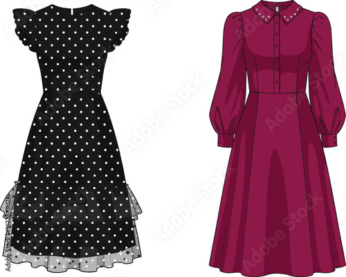 Technical flat sketch of two girls' dresses: one pink with ruffle cap sleeves and a square neckline, and one purple with a bow collar and long ruffle sleeves, for comfortable childrenswear.