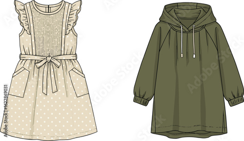Technical flat sketch of two women's casual dresses: a beige striped midi dress with a lace-up front and a mint green shift dress with eyelet embroidery, for comfortable summer wear.