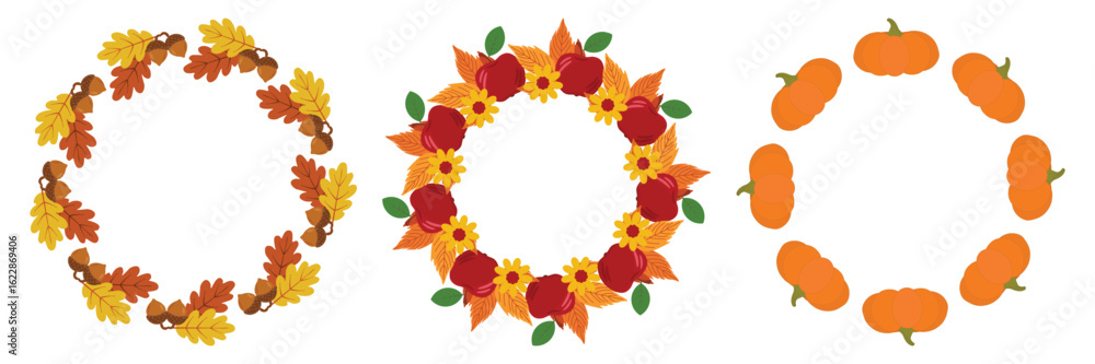 Fototapeta premium Set of decorative autumn wreaths with oak leaves and acorns, colorful fall foliage with apples and flowers, and festive pumpkins. Vector illustration on isolated transparent background. Copy space.