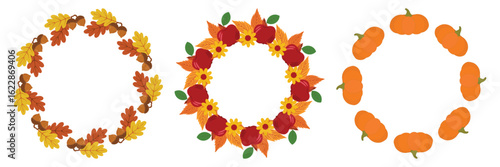 Set of decorative autumn wreaths with oak leaves and acorns, colorful fall foliage with apples and flowers, and festive pumpkins. Vector illustration on isolated transparent background. Copy space.