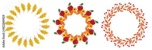PrintSet of round autumn wreaths: one made of yellow oak leaves, one with fall leaves, apples and flowers, and one with autumn twigs and red berries. Vector seasonal decoration collection. Copy space.