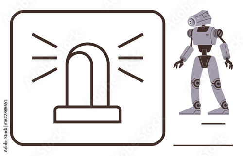 Two key elements include a humanoid robot and an alarm light emitting signals. Ideal for technology, security, robotics, automation, innovation, safety, science-fiction. A simple flat metaphor