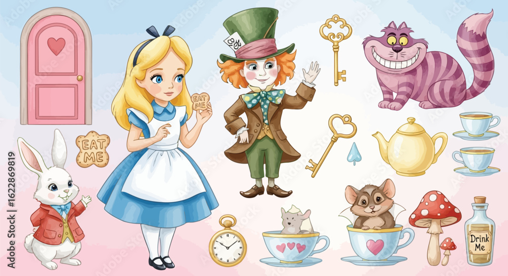 Fototapeta premium Alice in Wonderland characters and objects mad hatter cheshire cat