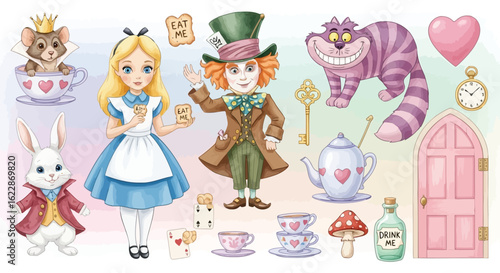 Alice in Wonderland characters and objects mad hatter cheshire cat