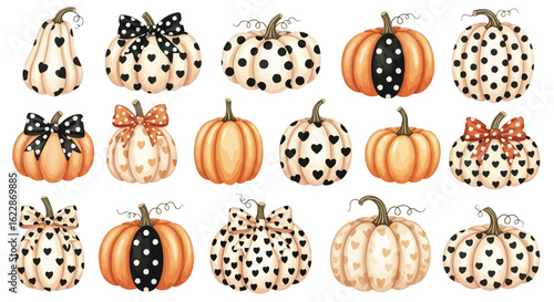 Autumn gourds with decorative bows and heart patterns pumpkin fall