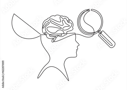 Looking for mental health problem in continuous one line drawing. Magnifying glass and confused feelings and thoughts in head. Psychology concept. Vector illustration mental pressure treatment.
