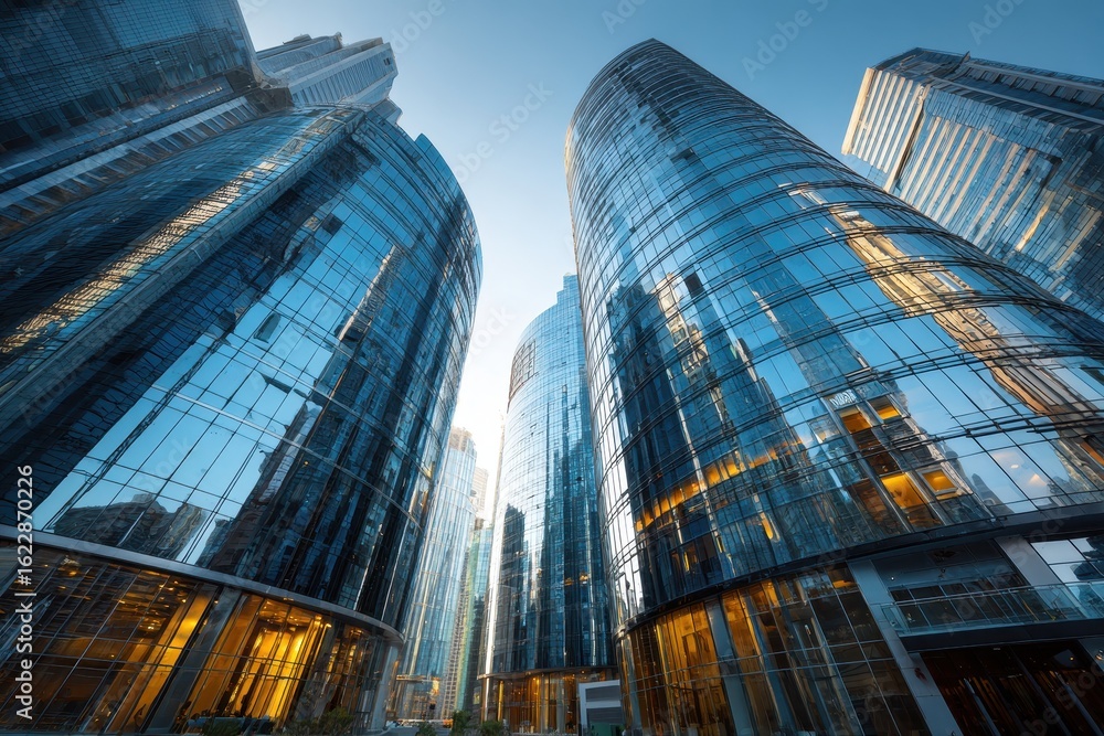 Naklejka premium Business office buildings with reflective skyscrapers in city skyline, glass facade architecture, corporate high-rise towers under bright daylight sky