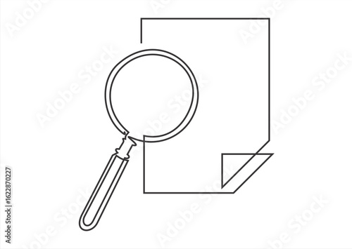 One continuous line drawing of magnifying glass and document, Business analysis concept, continuous line drawing clipboard with magnifying glass. line icon-continuous line drawing. Editable stroke.