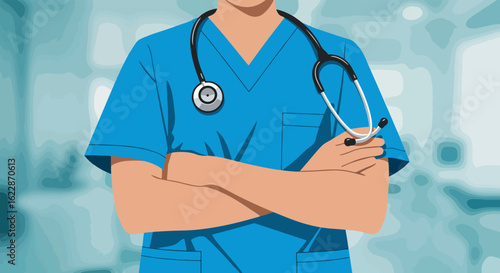 Female healthcare worker in blue scrubs with stethoscope, cartoon illustration