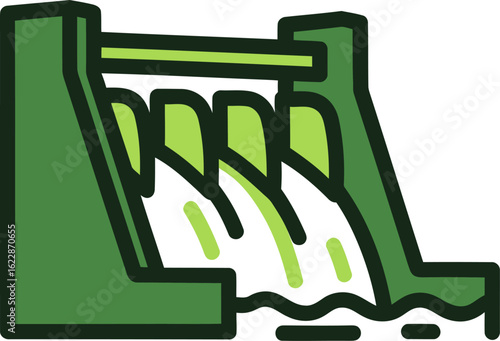 A green icon of a hydroelectric dam releasing water through its spillways to generate power.