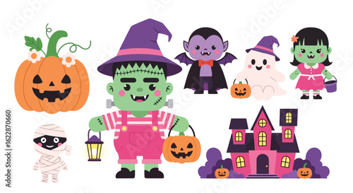 Halloween characters and spooky house pumpkin mummy