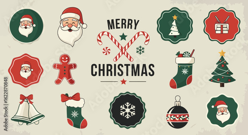 Merry Christmas festive icons with Santa Claus gingerbread man bells and trees Christmas tree