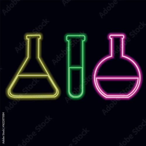 Glowing neon laboratory tubes on a dark background. Neon banner with illumination in the form of glass vessels. Glowing elements.