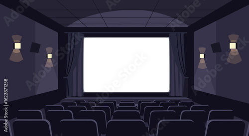 Empty cinema auditorium with large white screen and dark seats