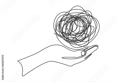 Hand holding tangled ball representing mental health struggles. line icon-continuous line drawing. Editable stroke.
