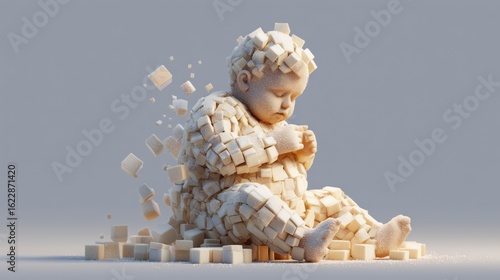 Childhood Obesity. 3D illustration of an overweight child figure made of sugar cubes, slowly crumbling, metaphor for childhood obesity and sugar consumption
