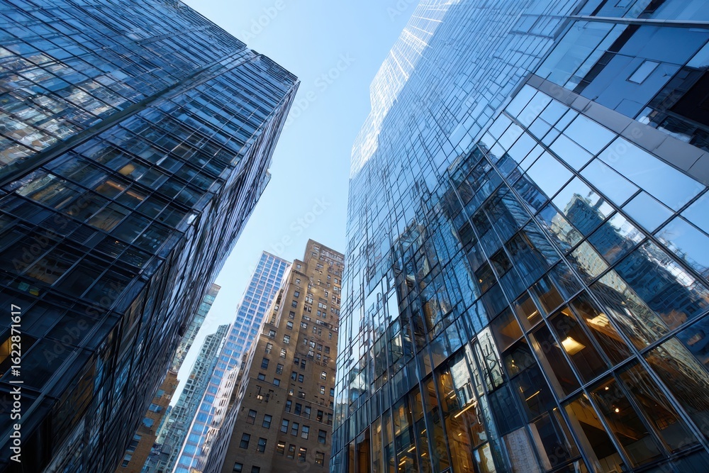 Fototapeta premium Tall reflective skyscrapers and business office buildings in city skyline, glass exterior surfaces capturing daylight, urban corporate architecture in professional metropolitan setting