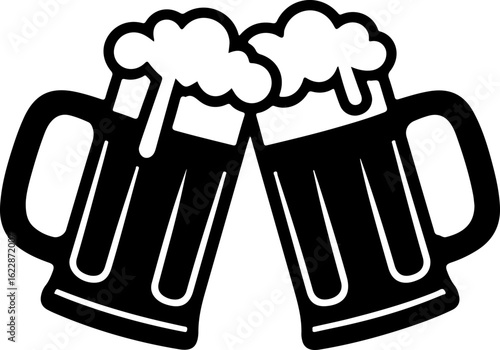Black silhouette vector of two beer mugs clinking together in a cheers pose