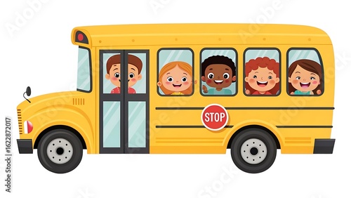 Happy diverse children riding a yellow school bus
