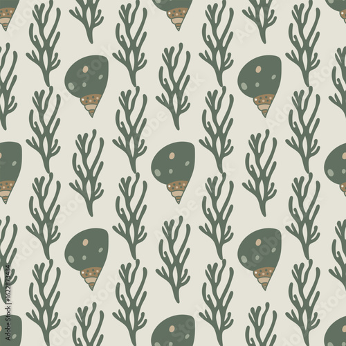 Seamless pattern with sea shells and plants. Vector background. 