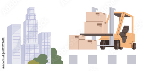 Forklift lifting cardboard boxes on a platform near tall office buildings and greenery. Ideal for logistics, transportation, shipping, urban industry, delivery systems, supply chain, simple flat