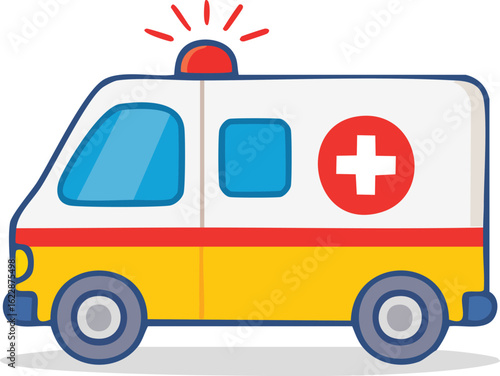 Flat illustration of a yellow and white ambulance, an emergency medical service vehicle for transporting patients, hospital car

