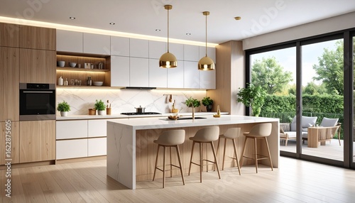 Modern wooden kitchen cabinet on white and grey shade . Luxurious kitchen design contemporary