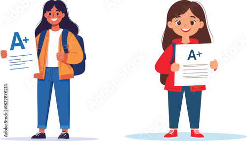 happy students with excellent A+ grades and backpacks, academic success education concept, flat cartoon character