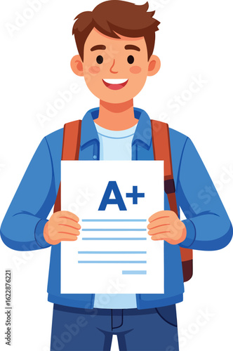 happy male student with excellent A+ grade, academic success, and educational achievement concept