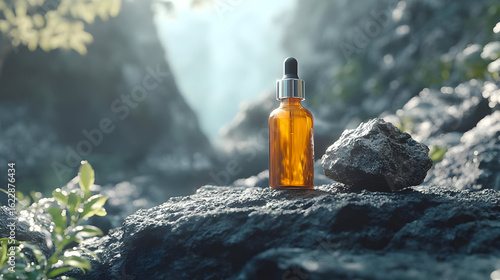 Amber Bottle on Rocks 3D Illustration