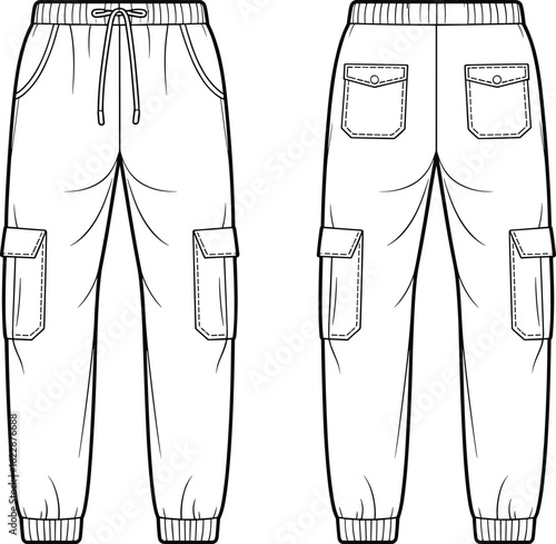 Cargo jogger pants front and back technical flat sketch, fashion vector with flap pockets and drawstring, ideal for apparel design.