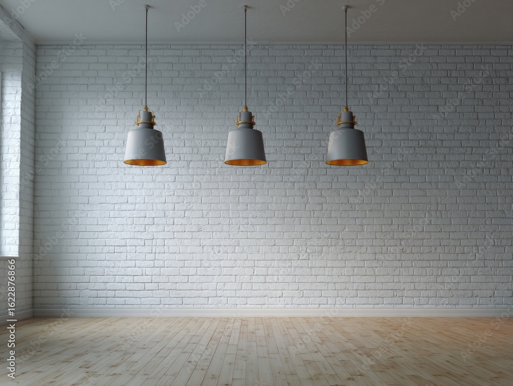 Obraz premium Empty room with white brick wall and pendant lamps