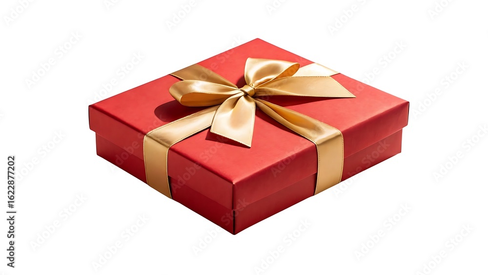 Obraz premium A bright red gift box with a golden ribbon and bow isolated on a white background