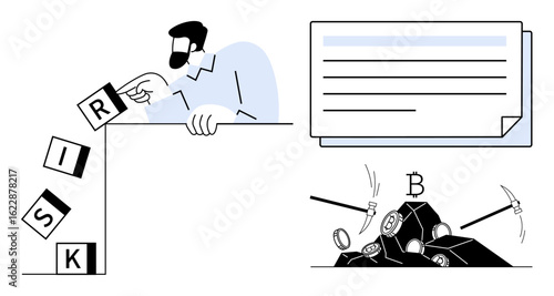 Man tipping risk blocks into a fall, cryptocurrency mining tools and coins, blockchain document. Ideal for risk management, blockchain, cryptocurrency, finance strategy, investment techniques