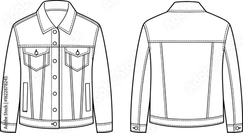 Denim jacket flat sketch, front and back view, fashion cad drawing, unisex outerwear template, button-up jacket design, vector illustration