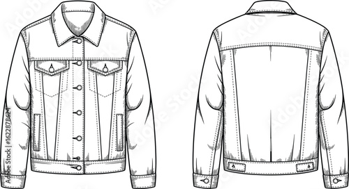 Denim jacket flat sketch, front and back view, fashion CAD template, outerwear design, technical garment drawing, vector illustration, clothing mockup.