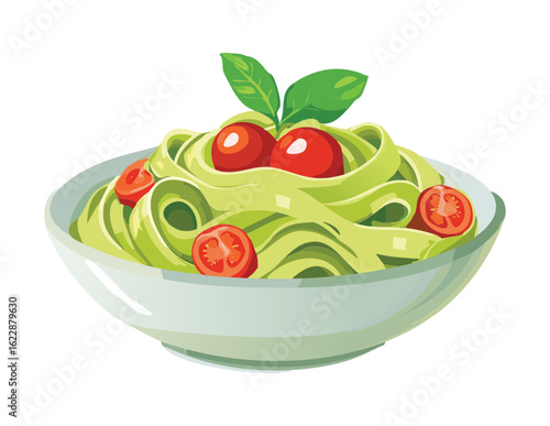 Fresh Avocado Pasta Bowl with Basil - Vector Illustration