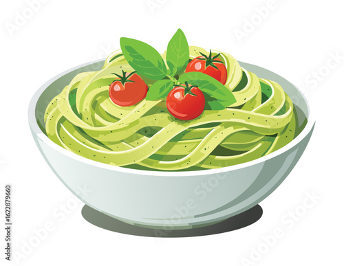 Fresh Green Pasta Bowl with Toppings - Vector Illustration