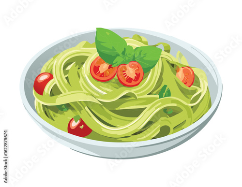 Green Pasta Bowl with Cherry Tomatoes - Vector Illustration