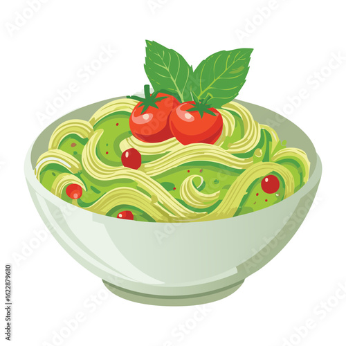 Green Pasta Bowl with Fresh Basil - Vector Illustration