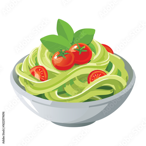Green Pasta Bowl with Cherry Tomatoes - Vector Illustration