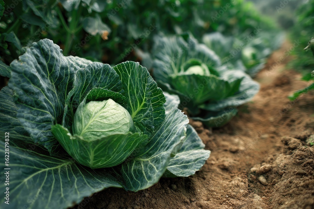 Obraz premium Two heads of cabbage in a neat row of a vegetable garden