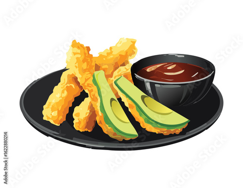 Crispy Fried Snacks with Dipping Sauce - Vector Illustration