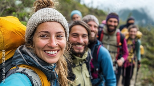 Diverse group of friends capturing a selfie during an invigorating hike