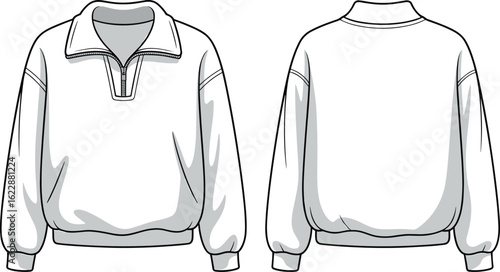 Half zip sweatshirt flat sketch, front and back view, fashion CAD template, pullover design, vector illustration, garment technical drawing.