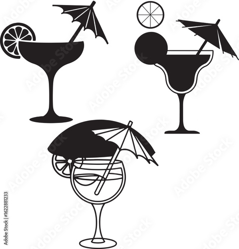 vector illustration of a cocktail drinks with umbrellas in black and white vector