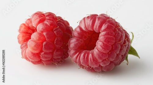 Sweet Raspberry Duo: A close-up studio shot reveals the luscious texture and vibrant color of two ripe, fresh raspberries, offering a tempting invitation to indulge in nature's sweetness.
